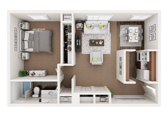 A dollhouse with furniture and appliances in a modern style.