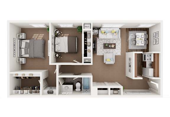 A cutaway view of a small apartment showing the layout of the living room, kitchen, and bedroom.