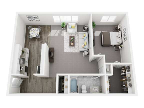 A top-down view of a modern, minimalist bathroom with a toilet, sink, and shower.