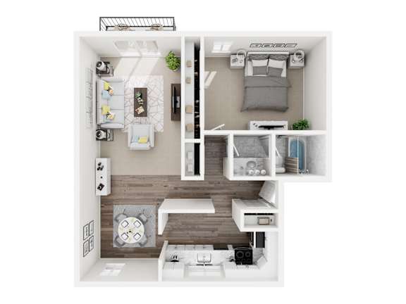 Floor Plan  A top-down view of a small, neatly organized apartment with a kitchen, living room, and bedroom.