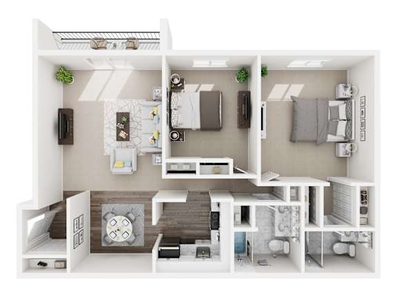 Floor Plan  A white and grey 3D floor plan of a small apartment.