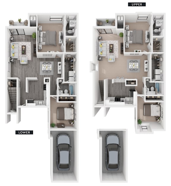 Floor Plan  A diagram shows the layout of a two-story apartment with a car garage.