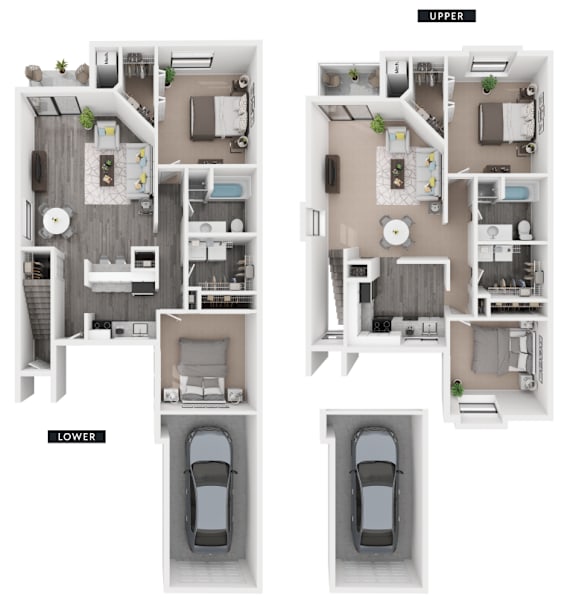 A diagram shows the layout of a two-story apartment, with the upper floor featuring a living room, kitchen, and bedrooms, and the lower floor having a garage for two cars.