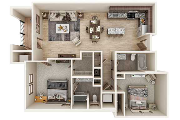 a 3d floor plan of a house with a bedroom and a living room