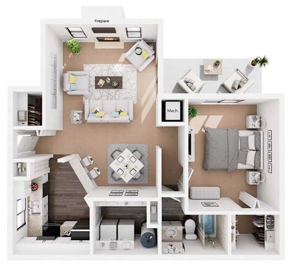 Floor Plan  A top-down view of a small apartment layout with labeled sections for the kitchen, living room, and bedroom.