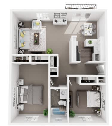 A diagram of a small apartment with a kitchen, living room, and bathroom.