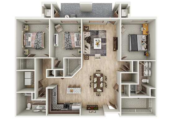 a 3d floor plan of a home with a bedroom and living room
