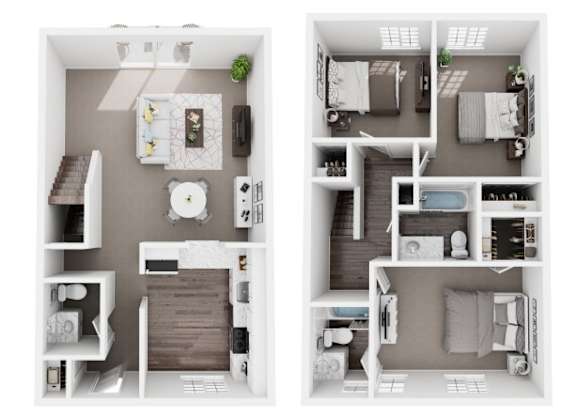 Floor Plan  Two images of a small apartment layout with a kitchen, living room, and bedroom.