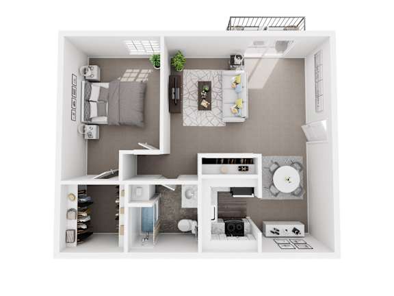 A 3D floor plan of a small apartment with a kitchen, living room, and bedroom.
