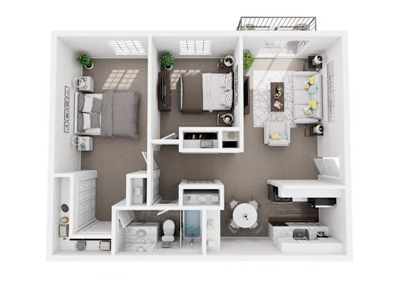 Floor Plan  A top-down view of a neatly organized apartment with a kitchen, living room, and bathroom.