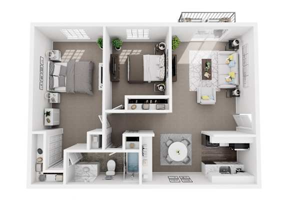 A 3D floor plan of a small apartment with a kitchen, living room, and bathroom.