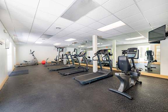 A gym with treadmills, exercise bikes, and other equipment.