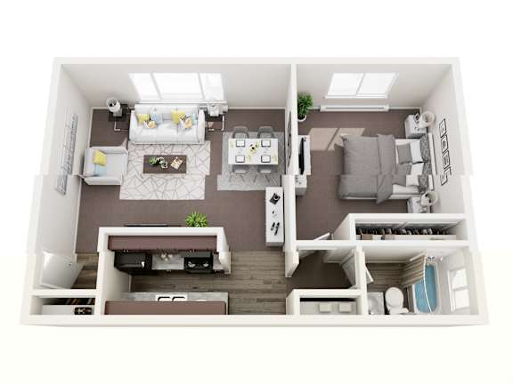 A top-down view of a small, neatly organized apartment with a bed, a couch, a desk, and a kitchenette.