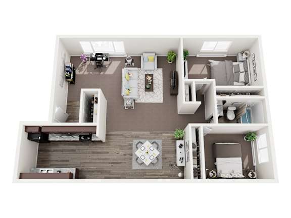 A top-down view of a small, neatly organized apartment with a kitchen, living room, and bedroom.