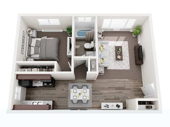 A top-down view of a modern apartment with a living room, kitchen, and dining area.