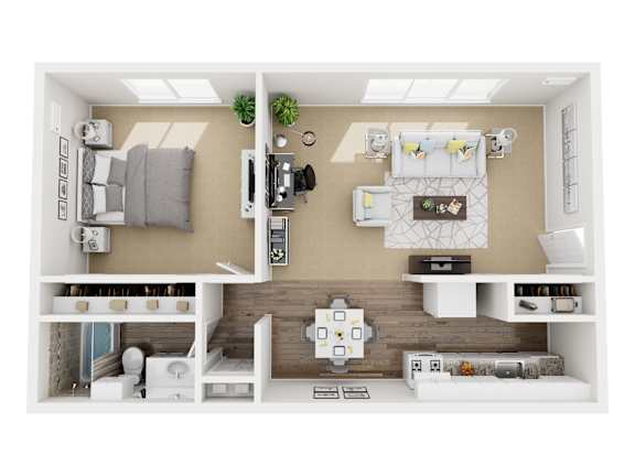 A top-down view of a small, neatly organized apartment with a bed, desk, and kitchenette.