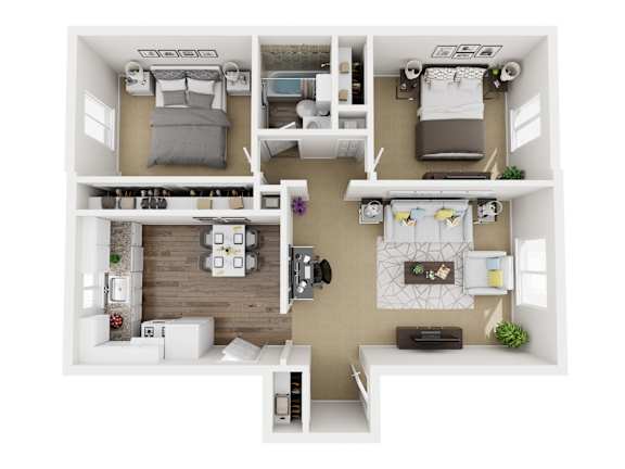 A top-down view of a small apartment with a bedroom, living room, kitchen, and bathroom.