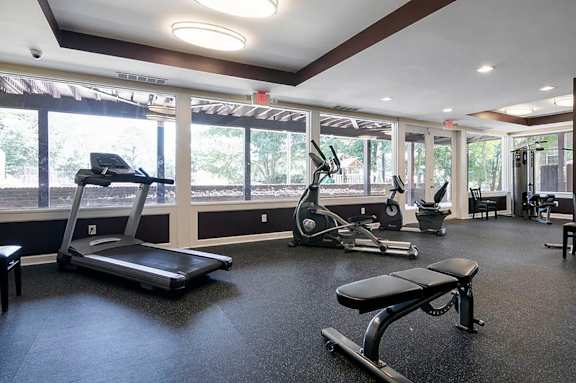 A gym with treadmills, exercise bikes, and other equipment.