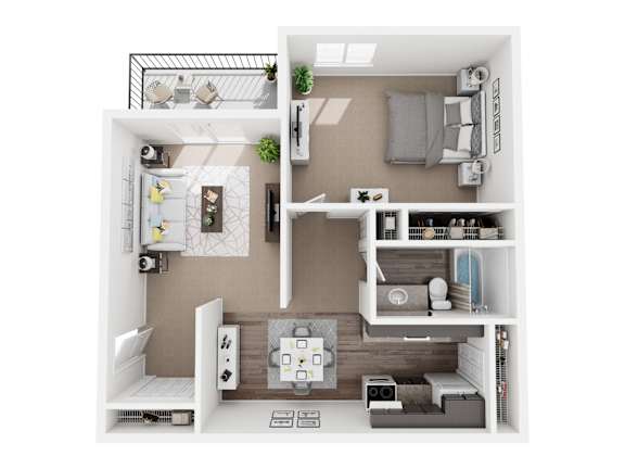 A top-down view of a small, neatly organized apartment with a kitchen, living room, and bedroom.