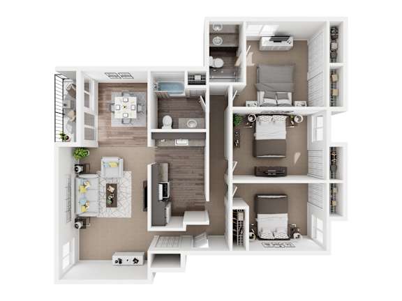 A 3D floor plan of a small apartment with a kitchen, living room, and bathroom.