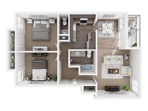 A 3D floor plan of a small apartment with two bedrooms and a living area.