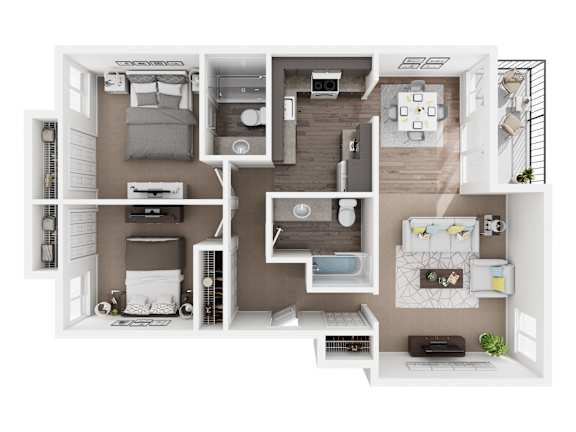 A 3D floor plan of a small apartment with a kitchen, living room, and bedroom.