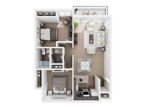 A top-down view of a small apartment layout with a kitchen, living room, and bedroom.
