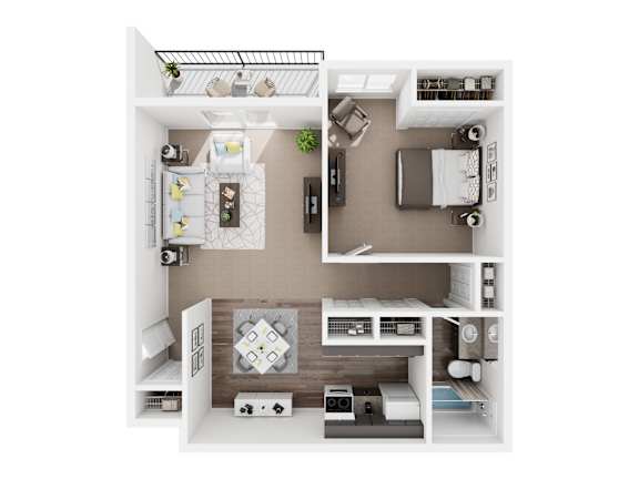 A top-down view of a small, neatly organized apartment with a kitchen, living room, and bedroom.
