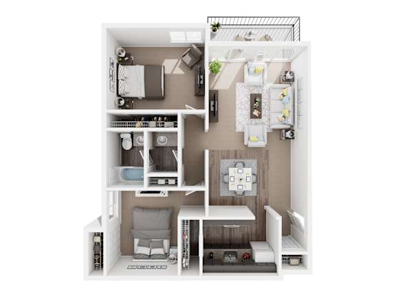 A white floor plan of a small apartment with a kitchen, living room, and bedroom.
