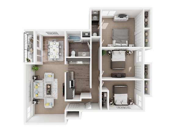 A top-down view of a small apartment layout with a kitchen, living room, and bedroom.