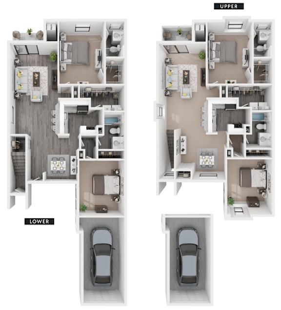 A diagram shows the layout of two apartments, one with a car in the garage and the other without.