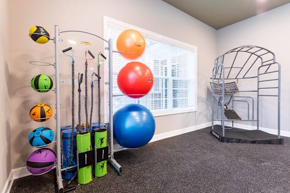 A room with a variety of exercise equipment including a blue exercise ball, a rack of resistance bands, and a step platform.