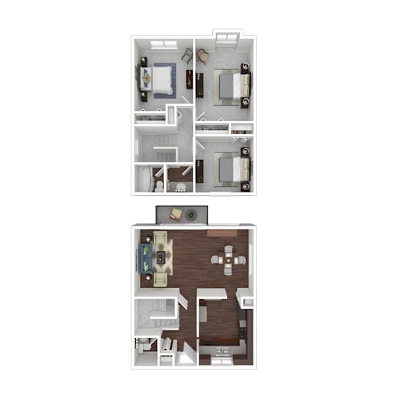 A floor plan of a two-story apartment with a living room, kitchen, and bedrooms.
