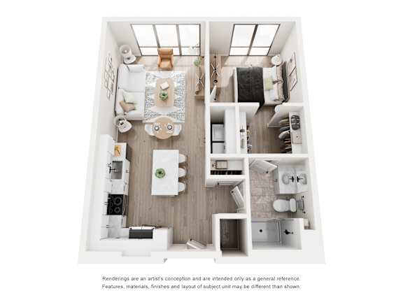 A top-down view of a modern apartment layout.