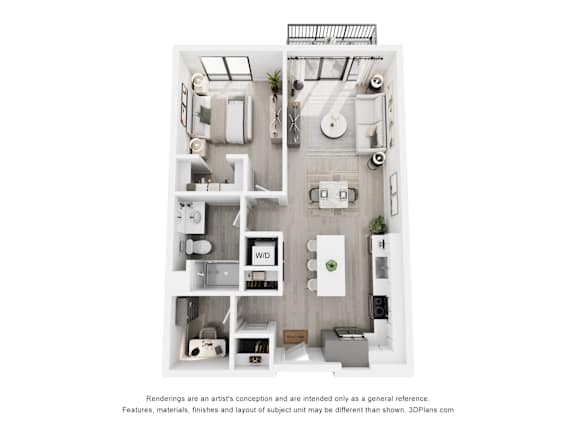 A 3D floor plan of a small apartment with a kitchen, living room, and bathroom.