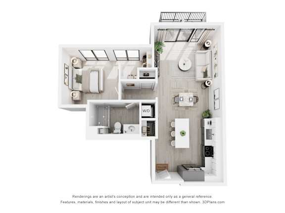 A 3D floor plan of a small apartment with a kitchen, living room, and bathroom.