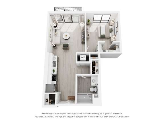 A 3D floor plan of a small apartment with a kitchen, living room, and bathroom.