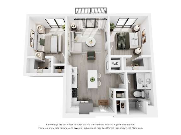 A 3D floor plan of a small apartment with a kitchen, living room, and bathroom.