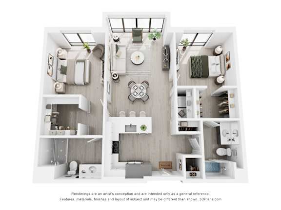 A 3D floor plan of a house with a kitchen, living room, and bathroom.