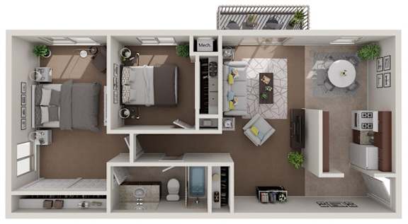 A 3D floor plan of a small apartment with a kitchen, living room, and bathroom.