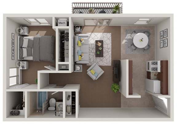 A 3D rendered image of a small apartment layout with a kitchen, living room, and bedroom.