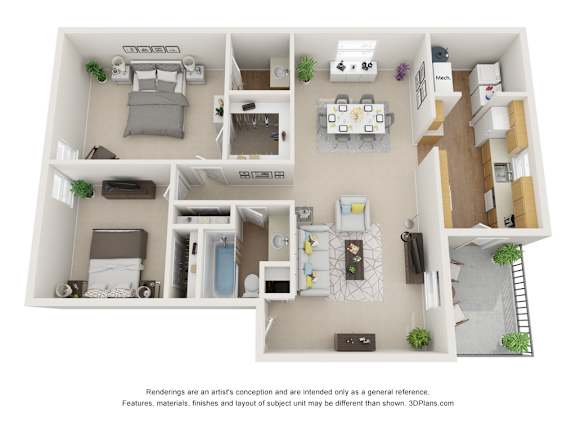 A 3D floor plan of a house with a kitchen, living room, and bedrooms.