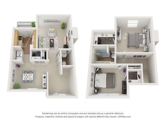 A floor plan of a two-bedroom apartment with a kitchen and living room.