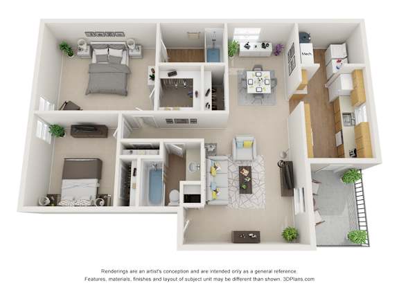 A 3D floor plan of a house with a kitchen, living room, and bedrooms.