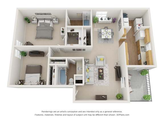 A 3D floor plan of a house with a kitchen, living room, and bedrooms.