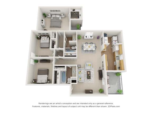 A 3D floor plan of a house with multiple rooms.