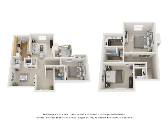 Two floor plans of a house with a kitchen, living room, bedrooms and bathrooms.