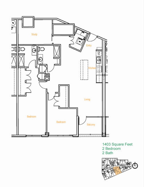 A floor plan of a 1403 square feet home with two bedrooms and two baths.
