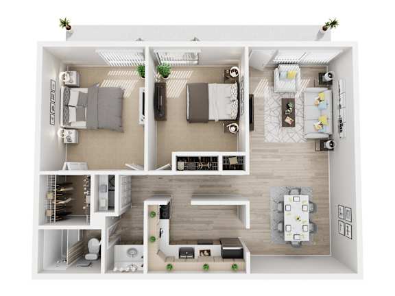 A top-down view of a small apartment with a kitchen, living room, and bedroom.