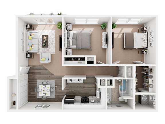 A 3D floor plan of a modern apartment layout.